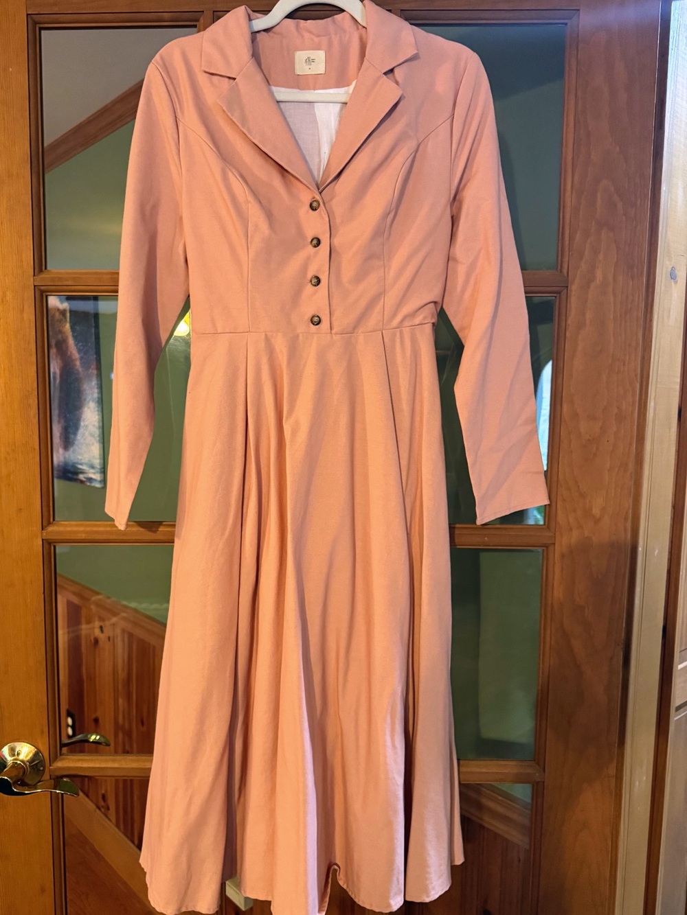 Women's Peach Midi Fit-and-Flare Button Front Dress by